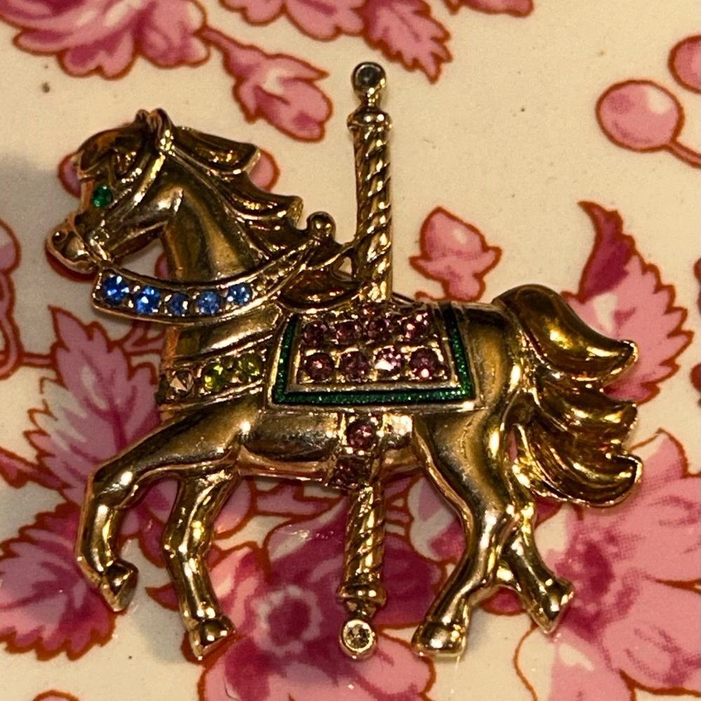 Gold Carousel Horse Brooch with Colorful Gems